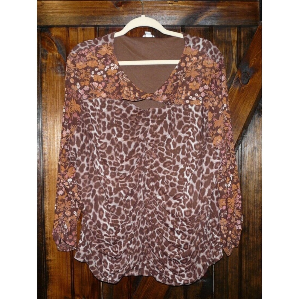 Cato Brown Floral and Leopard Print Blouse